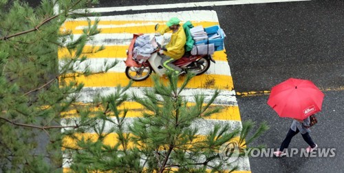▲ 비 내리는 대전 서구 한 도로에서 빨간 우산을 쓴 시민 곁으로 오토바이를 탄 신문 배달원이 지나가고 있다. [연합뉴스 자료 사진]