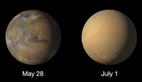▲ 먼지 폭풍은 5월 30일 시작됐으며 3개월 가량 계속 됐다. 먼지폭풍이 시작되기 전(왼쪽)과 후 이미지  [NASA 제공]