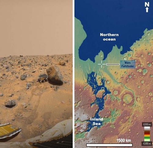 ▲ 화성 착륙선 패스파인더(왼쪽 하단)와 화성 최초의 로버 소저너(왼쪽 중앙). 오른쪽 사진 중앙의 +표시 지역이 패스파인더 착륙지이며 아래는 내해, 위는 북해를 표시하고 있다. [ MOLA Science Team, MSS, JPL, NASA 제공]