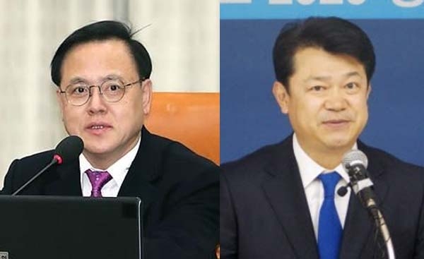 왼쪽부터 이명수 의원, 복기왕 전 시장. 연합뉴스
