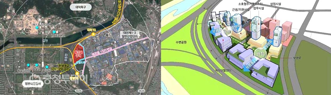 ▲ 대전 1·2산업단지 상상허브사업 위치도(왼쪽)와 대전1·2 일반산업단지 조성계획(안)  대전시 제공