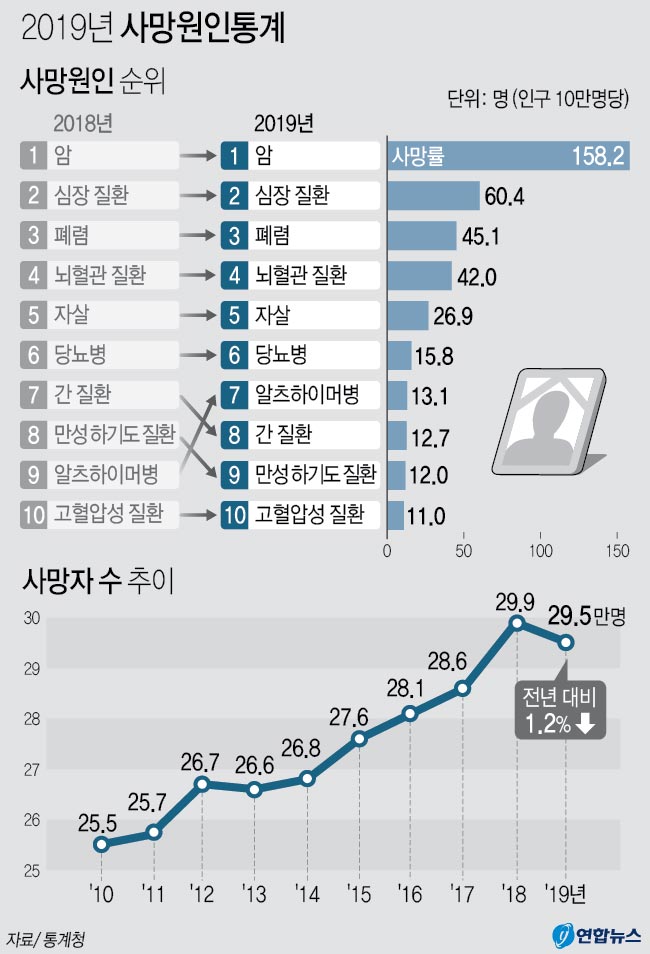 사진 = 통계청 2019년 사망원인 통계. 연합뉴스