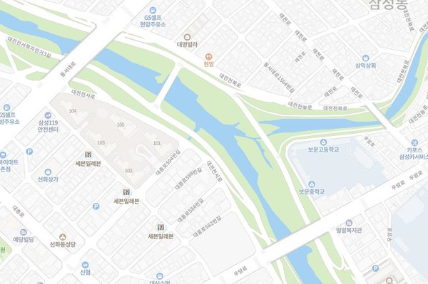 29일 차량이 통제된 대전 중구 삼성교~현암교 부근. 사진=네이버 지도 캡쳐