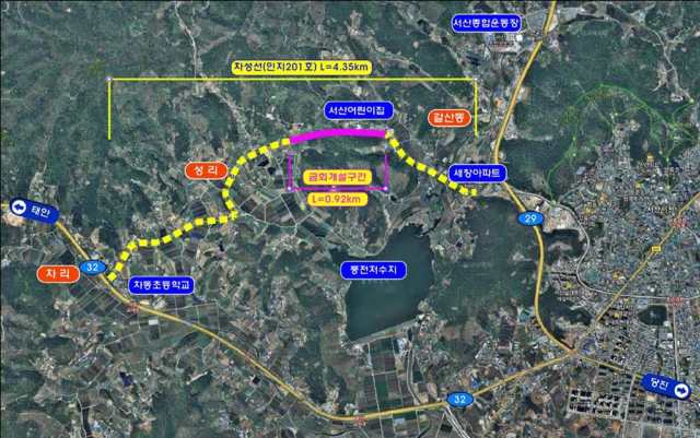 차성선(인지면 성리부터 갈산동을 연결하는 도로) 농어촌도로 확포장 공사 사업대상지. 서산시 제공.