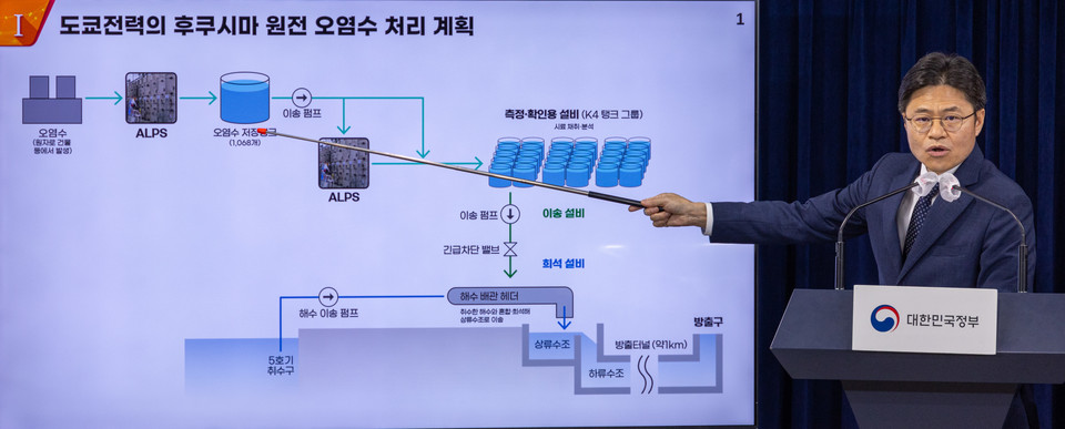 후쿠시마 원전 오염수 전문가 현장 시찰단 단장인 유국희 원자력위원회 위원장이 31일 오전 서울 종로구 정부서울청사에서 후쿠시마 등 일본 현지에서 진행한 현장 시찰단 주요 활동 결과를 발표하고 있다. 사진=연합뉴스.