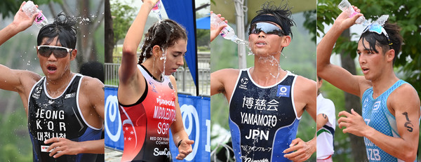  1일 세종호수공원 일대에서 열린 ‘2023 세종 아시아 트라이애슬론컵 대회’에 참가한 선수들이 얼굴에 물을 뿌리며 더위를 식히고 있다. 이경찬 기자 chan8536@cctoday.co.kr