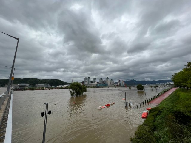 14일 대전에 내린 폭우로 인해 갑천변의 수위가 높아지면서 엑스포 다리 아래 산책로를 포함한 나무와 시설물들이 물에 잠겨있다. 사진=김윤주 기자