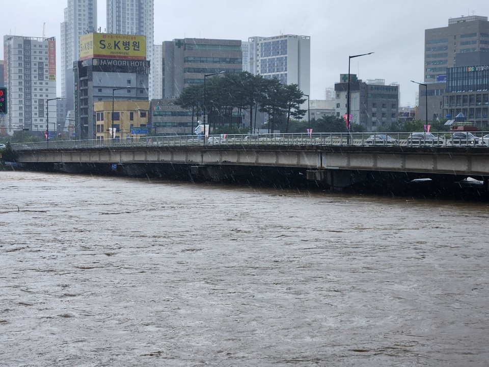 대전에 호우경보가 내려진 14일 오후 유성구 갑천 수위가 높아져 만년교 다리 아래까지 물이 차올랐다. 대전시와 대전경찰청은 이날 오후 3시 35분부터 만년교와 원촌교 통행을 통제하고 있다. 2023.7.14 [대전경찰청 제공. 재판매 및 DB 금지]