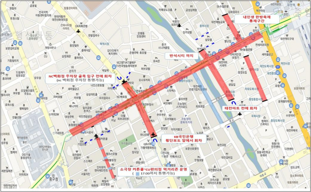 대전 0시 축제 차량 통제 구간 세부 지도. 대전시 제공