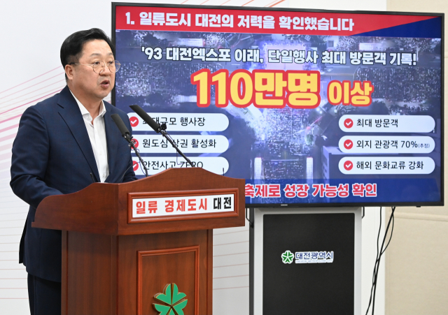 이장우 대전시장이 21일 대전시청 브리핑룸에서 지난 17일 폐막한 ‘2023 대전 0시 축제’ 결과를 발표하고 있다. 이경찬 chan8536@cctoday.co.kr