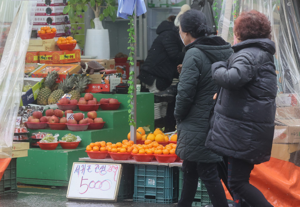 시내 전통시장에서 시민들이 과일을 고르고 있다.