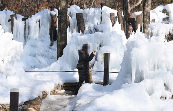 13일 휴일을 맞아 대전 동구 상소동 산림욕장 내 얼음동산을 찾은 시민들이 고드름을 구경하며 즐거운 시간을 보내고 있다. 이경찬 기자 chan8536@cctoday.co.kr