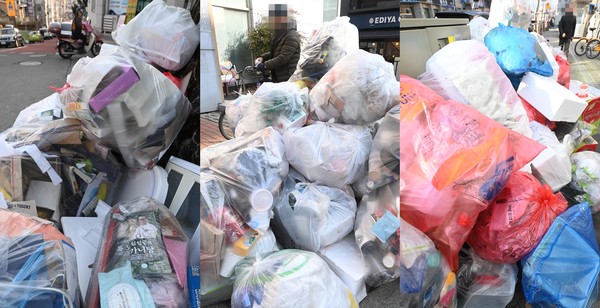 설 연휴가 끝난 13일 대전 서구의 한 주택가에 각 가정에서 쏟아져 나온 선물포장 재활용품을 비롯한 생활쓰레기가 쌓여 있다. 이경찬 기자 chan8536@cctoday.co.kr