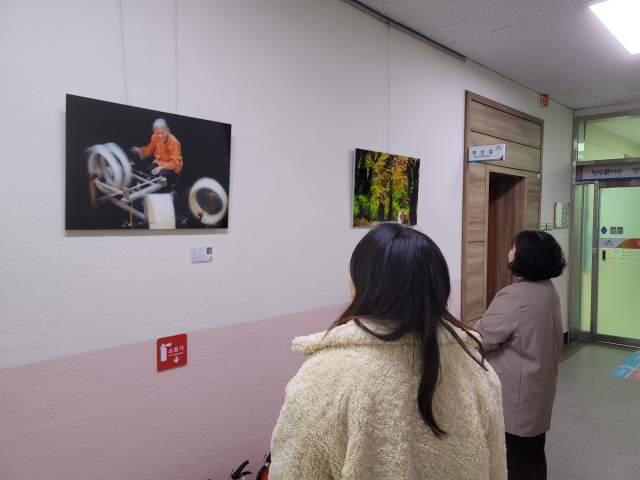 최근 서산시청을 방문한 시민들이 본청 복도에 걸린 지역 작가의 예술 작품을 보고 있다. 서산시 제공