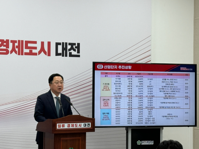 이장우 대전시장이 26일 대전시청에서 신규 산단 조성 계획을 발표하고 있다. 박영문 기자