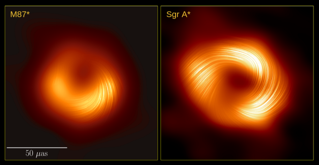(왼쪽) 2021년 공개한 M87 은하 중심에 있는 초대질량블랙홀의 편광 영상, (오른쪽) 이번에 공개한 우리은하 중심에 있는 초대질량 블랙홀 편광 영상. 한국천문연구원 제공.