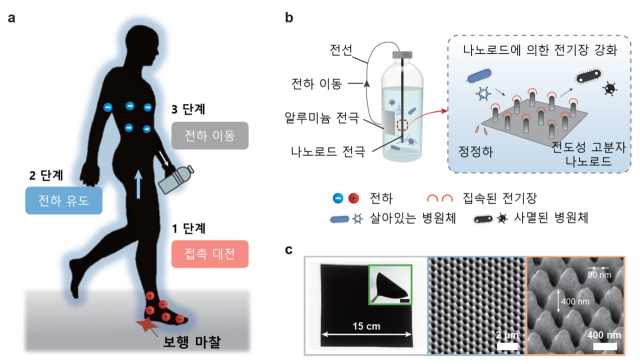 인체정전기와 전도성 고분자 나노로드를 활용한 병원체 제어 매커니즘. 한국연구재단 제공
