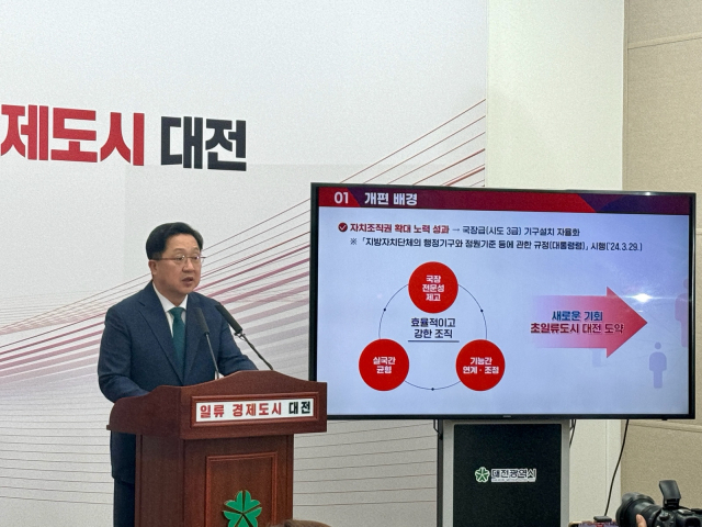 이장우 대전시장이 13일 시청에서 기자회견을 열고 조직개편(안)에 대해 설명하고 있다. 박영문 기자