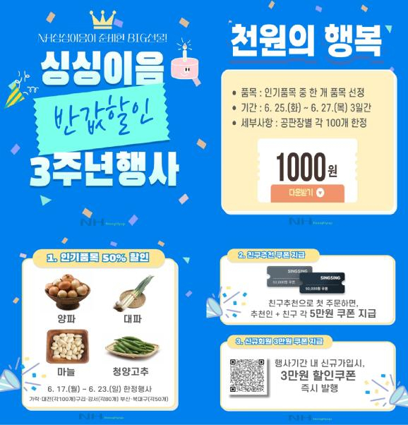 농협대전공판장 온라인 식자재몰 ‘싱싱이음’ 오픈 3주년 기념 할인행사 홍보 이미지.대전농협제공