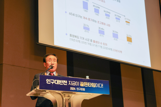 인구포럼에서 발표하는 김문근 단양군수. 단양군 제공