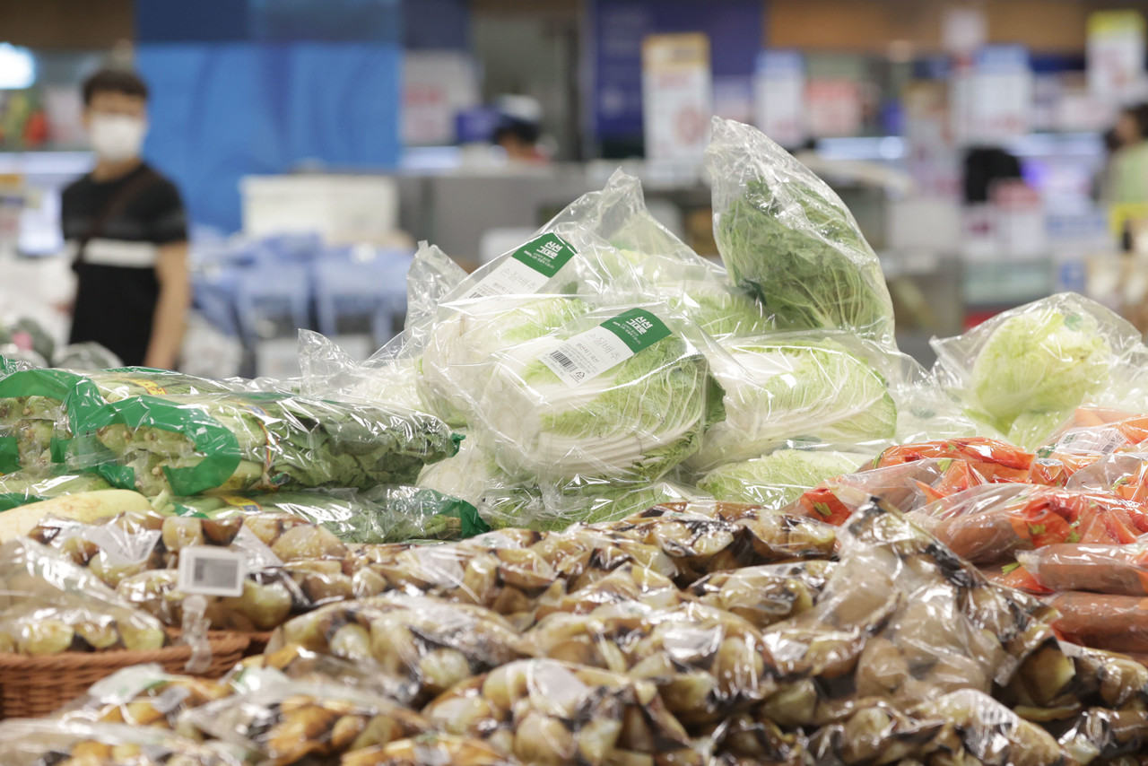 장마철로 접어들며 쌈 채소 가격이 오름세를 보인 7일 서울의 한 대형마트에서 시민들이 장을 보고 있다. 한국농수산식품유통공사(aT) 농산물유통정보에 따르면 지난 5일 적상추 소매가격은 일주일 만에 17.3% 올랐고, 쌈배추, 깻잎, 시금치 등이 오름세를 지속하고 있다. 2024.7.7 사진=연합뉴스.