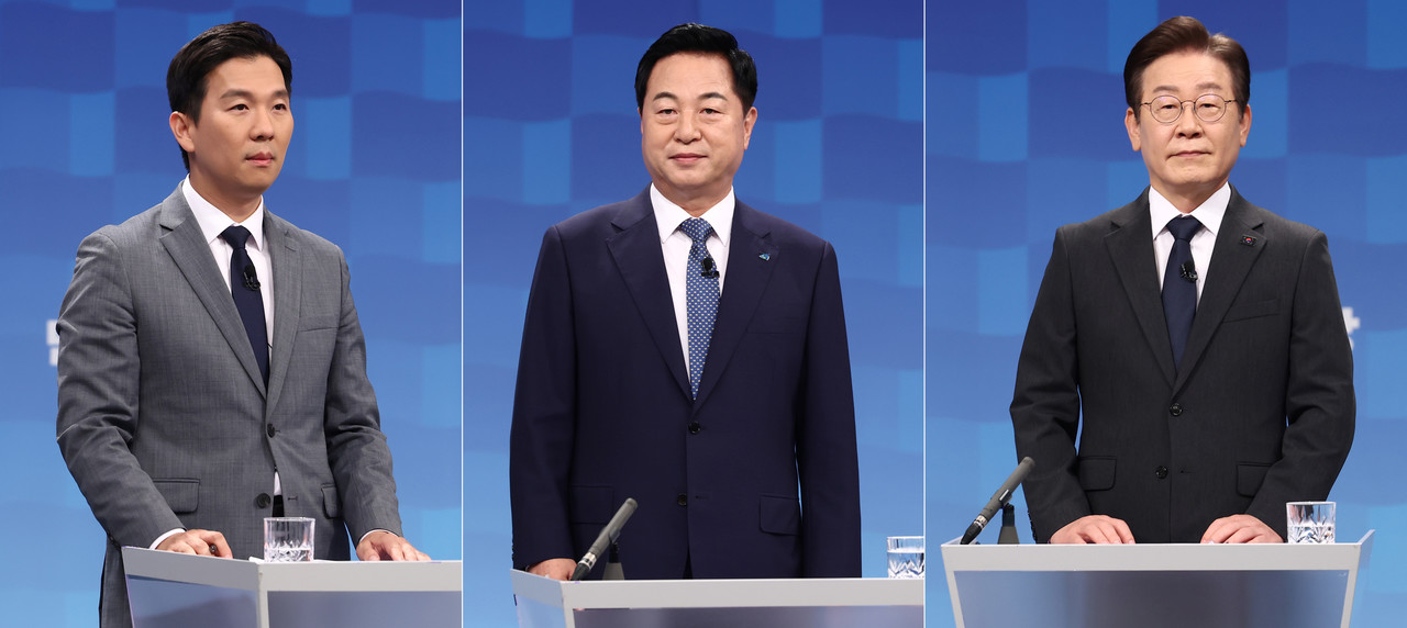 더불어민주당 김지수(사진 왼쪽부터), 김두관, 이재명 당 대표 후보가 6일 서울 양천구 SBS 목동스튜디오에서 방송토론회를 준비하고 있다. 2024.8.6 [국회사진기자단] 사진=연합뉴스. 