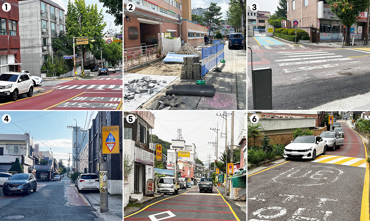 1. 어린이보호구역 불법주차차량 사진=조정민 기자. 2. 지난달 22일 방문한 대전 동구의 한 초등학교에서 보행로 등 공사가 진행 중인 가운데 공사 자재와 차량이 보행로를 침범하고 있다. 사진=함성곤 기자 3. 지난달 23일 방문한 대전 중구의 한 초등학교 정문 옆 횡단보도가 거의 벗겨져 희미하다. 사진=조정민 기자 4. 지난달 27일 방문한 대전 중구의 한 초등학교 통학길 골목 도로 페인트가 벗겨져 어린이보호구역 표시가 거의 사라졌다. 사진=조정민 기자 5. 지난달 26일 방문한 대전 중구의 한 초등학교 통학길은 골목 상가 및 주택가로 보도확보가 되지 않았다. 사진=조정민 기자 6. 지난달 23일 방문한 대전 중구의 한 초등학교 통학길 인근 주택가 밀집으로 보도 확보가 되지 않았으며 불법주정차 차량이 늘어서있다. 사진=조정민 기자