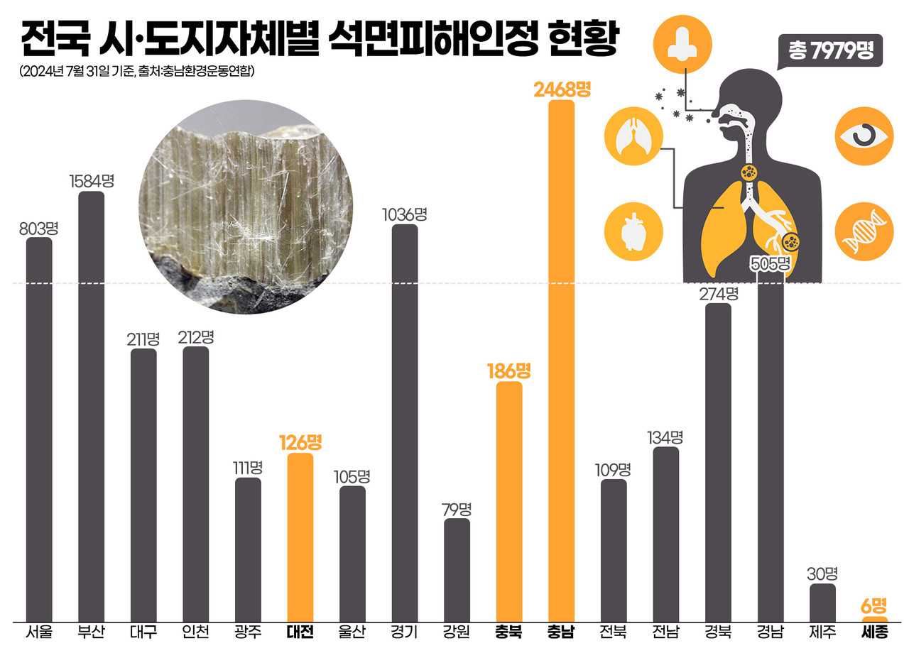 전국 시·도지자체별 석면피해인정 현황. 그래픽=김연아 기자. 