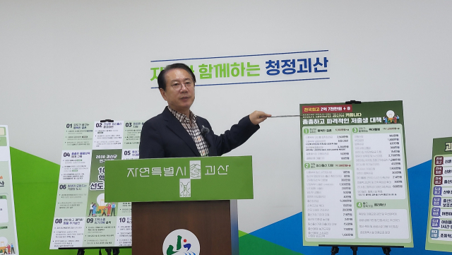 11일 송인헌 괴산군수가 인구 4만을 목표로 2030 괴산군 인구정책 추진전략을 발표하고 있다. 김영 기자