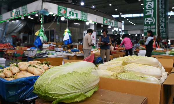 지난달 폭염으로 인해 채소류 가격이 급등한 가운데 24일 대전 유성구 노은농수산물도매시장에 채소들이 진열되어 있다. 김주형 기자 kjh2667_@cctoday.co.kr