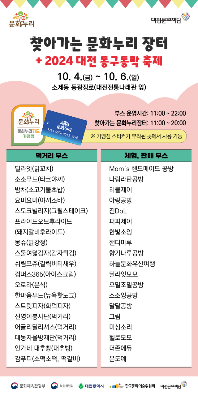 대전문화재단이 4~6일 열리는 ‘2024년 대전 동구동락 축제’ 참여 부스를 한시적 가맹점으로 등록해 문화누리카드 사용처를 확대 운영한다고 2일 밝혔다. 대전문화재단 제공
