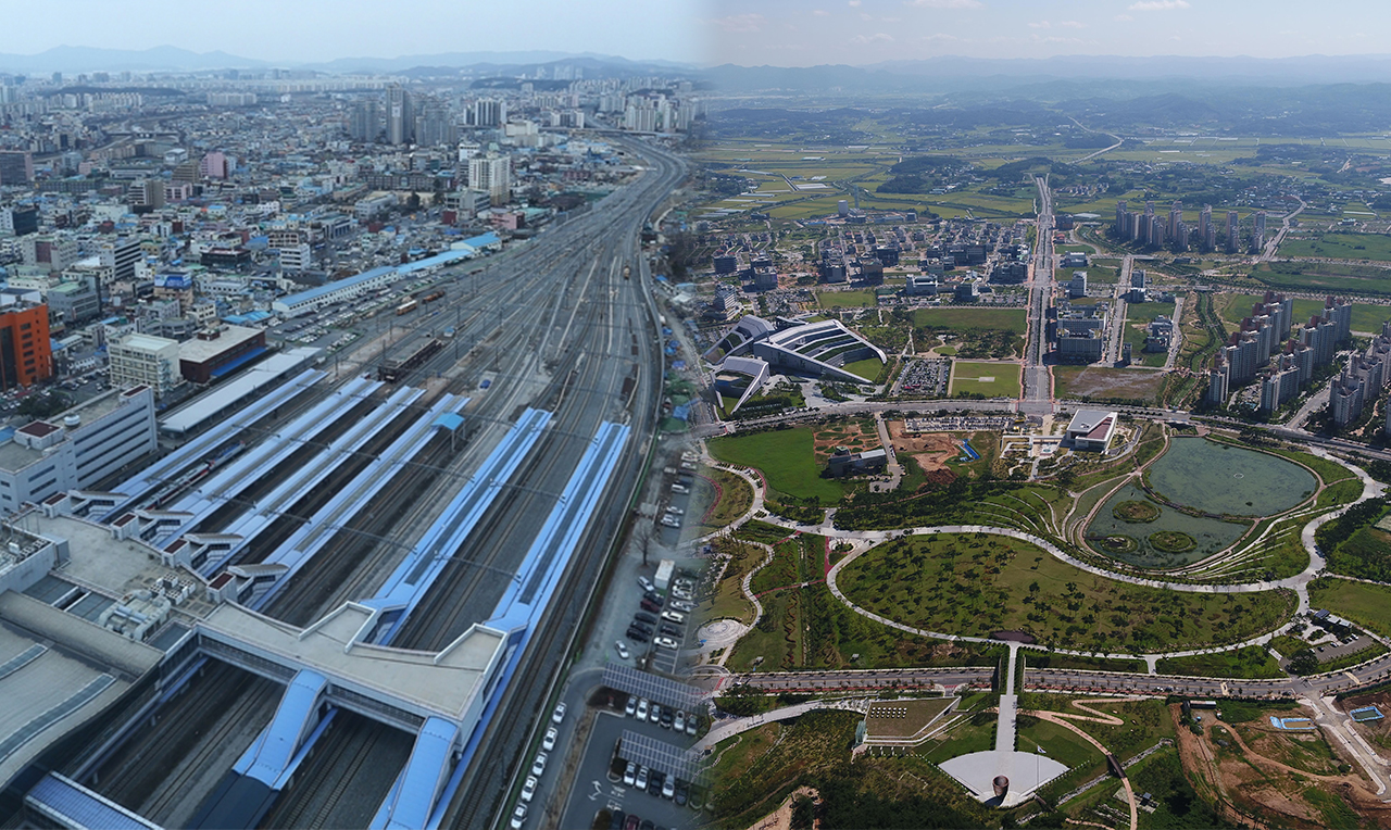 하늘에서 본 대전역(서울방향). 대전시 제공. (왼쪽), 내포신도시 홍예공원 [충남도 제공. 재판매 및 DB 금지] (오른쪽)