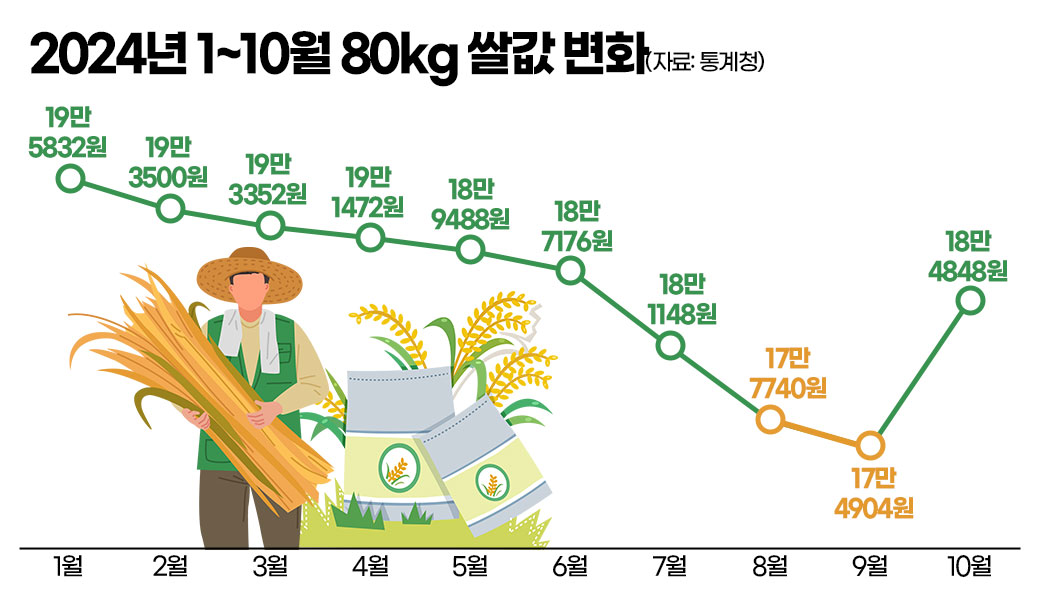 2024년 1~10월 80kg 쌀값 변화. 그래픽=김연아 기자. 