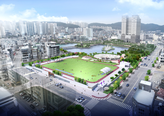 중앙호수공원 옆 임시주차장 부지에 조성될 초록광장·공영주차장 조감도. 서산시 제공