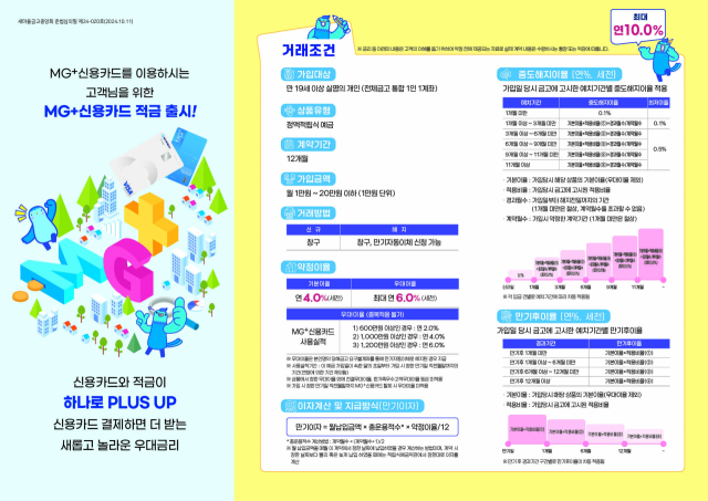 새마을금고 ‘MG+신용카드(PRIMO)’ 연계 적금 ‘MG+ 신용카드 적금’ 상품 홍보팸플릿.탄동새마을금고 제공.