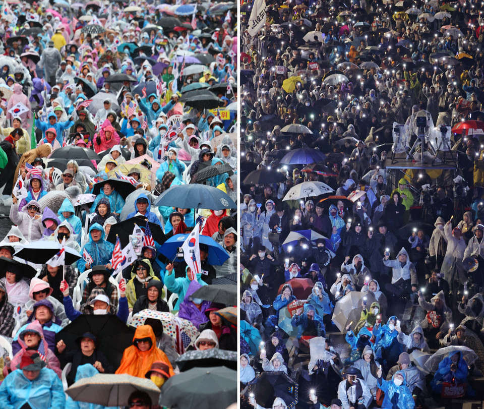 더불어민주당 이재명 대표의 공직선거법 위반 관련 1심 선고 후 첫 주말인 16일 보수진영, 진보 진영의 도심 집회는 계속됐다.이날 오후 전국안보시민단체연합 등 보수단체 회원들이 서울 세종대로에서 집회를 하고 있다(왼쪽 사진).같은 날 오후 광화문 인근에서 열린 정권 규탄 집회에서 참가자들이 휴대폰 불빛을 켜고 구호를 외치고 있다. 2024.11.16 사진=연합뉴스. 