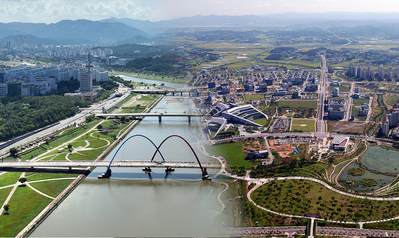 대전시 전경. 충청투데이 DB(왼쪽), 내포신도시 홍예공원 [충남도 제공. 재판매 및 DB 금지](오른쪽)