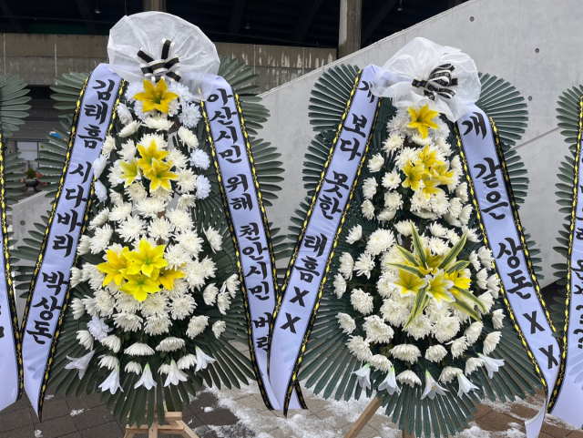 충남아산FC와 대구FC와의 ‘K리그 승강 플레이오프’ 1차전이 열린 28일 천안시티FC 서포터즈들이 경기장 인근에 항의의 표시로 설치한 근조화환 문구. 독자 제공.