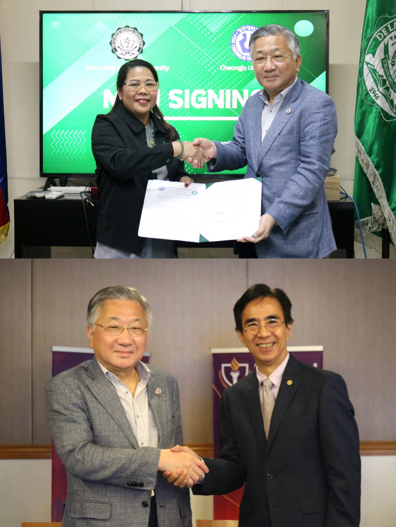 (사진 위)김윤배(오른쪽) 청주대 총장이 라살아레네타대학교 마리 앨리슨 총장과 협정을 맺은 뒤 기념사진을 촬영하고 있다. (사진 아래)김윤배 (왼쪽) 청주대 총장이 마닐라센트럴대학교 레나토 탄초코 주니어 총장과 협정을 체결한 뒤 기념사진을 찍고 있다. 청주대학교 제공