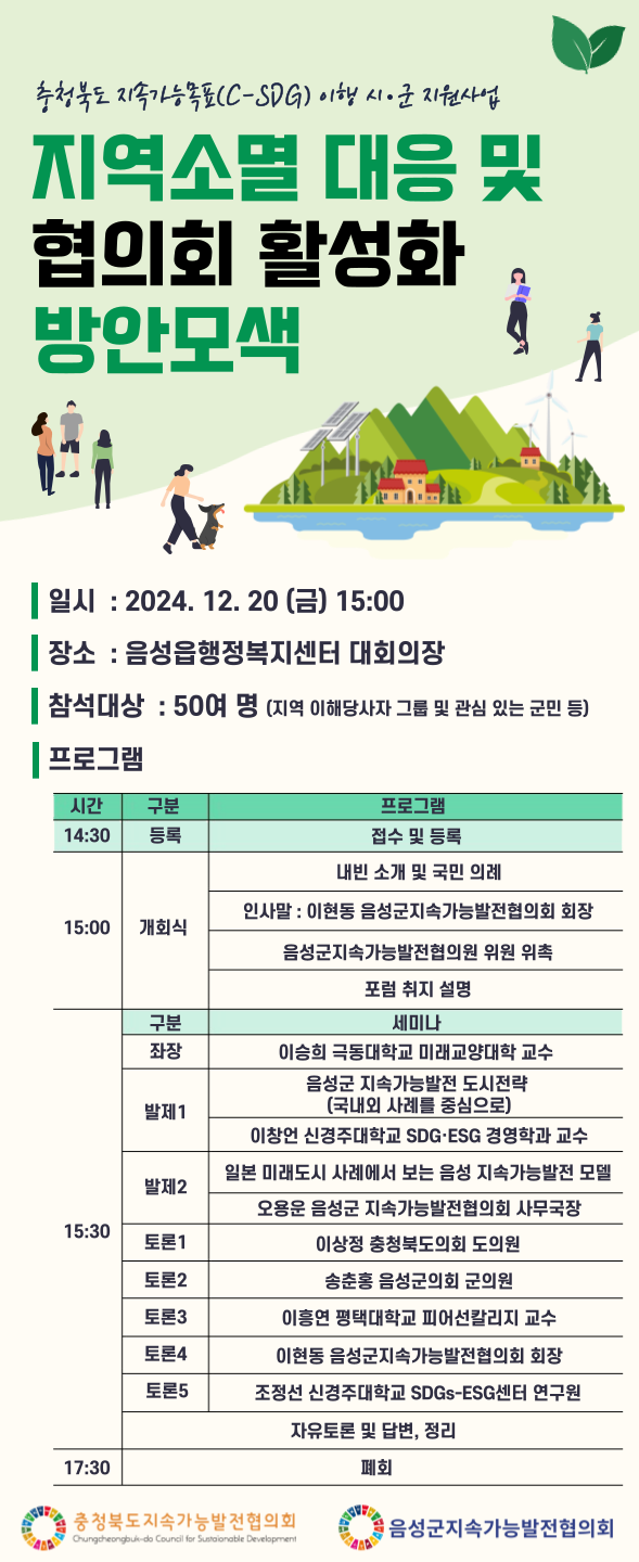 20일 음성읍행정복지센터 대회의실에서 ‘음성군 지역소멸 대응 포럼’이 열린다. 음성군 지속가능발전 협의회 제공