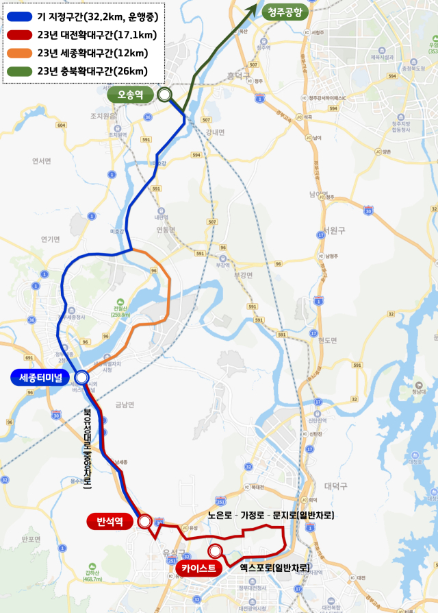 충청권 자율주행 모빌리티 상용화지구 노선도. 이중 대전시 사업 구간인 빨간색 노선이 2025년 말 운행을 본격화하며 지구가 완성될 예정이다. 대전시 제공