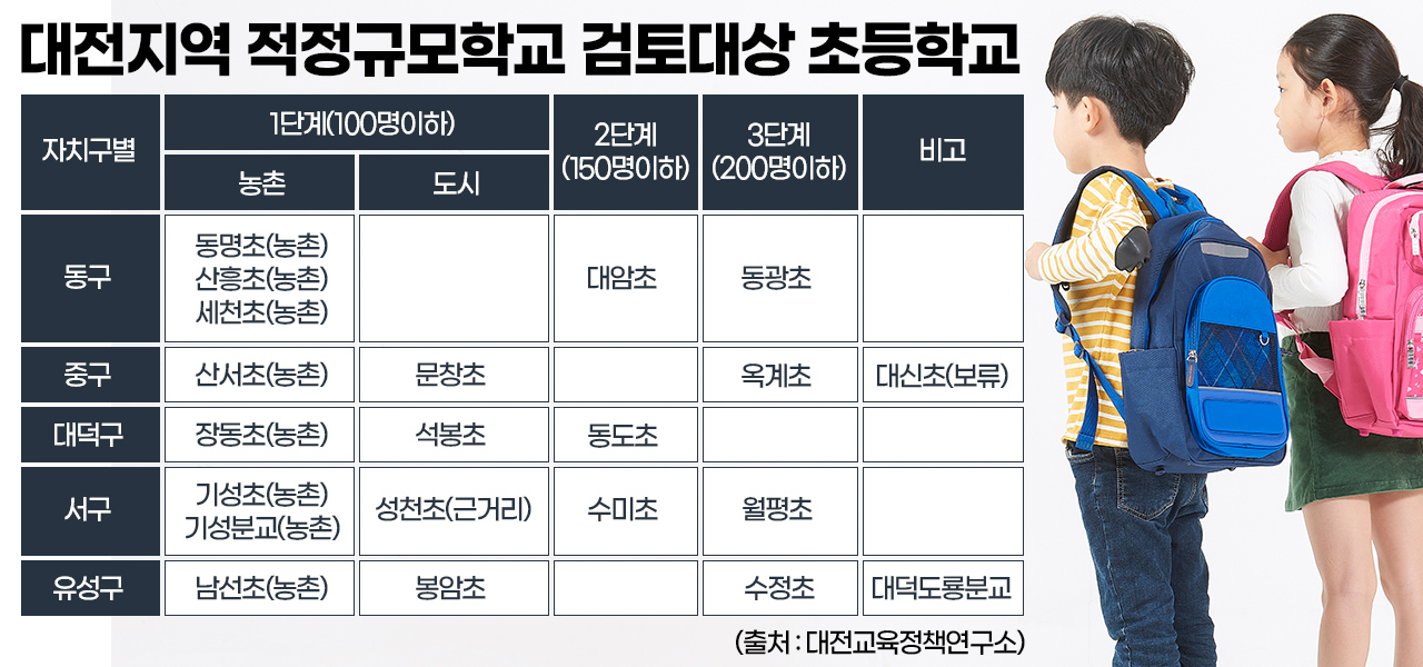 대전지역 적정규모학교 검토대상 초등학교. 그래픽=김연아 기자. 