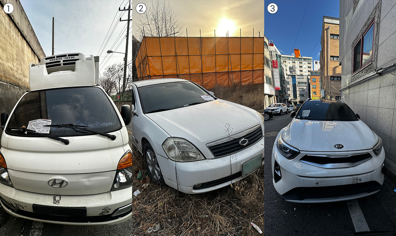 1. 대전 대덕구 대화동 길가에 방치된 차량. 2. 대전 대덕구 중리동 공터에 방치된 차량. 3. 대전 서구 갈마동 주택가에 방치된 차량. 사진=서유빈 기자 syb@cctoday.co.kr