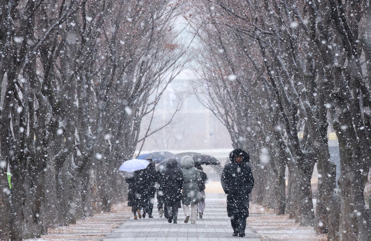 대전 서구 둔산동에서 시민들이 눈 내리는 거리를 걷고 있다. 사진=연합뉴스