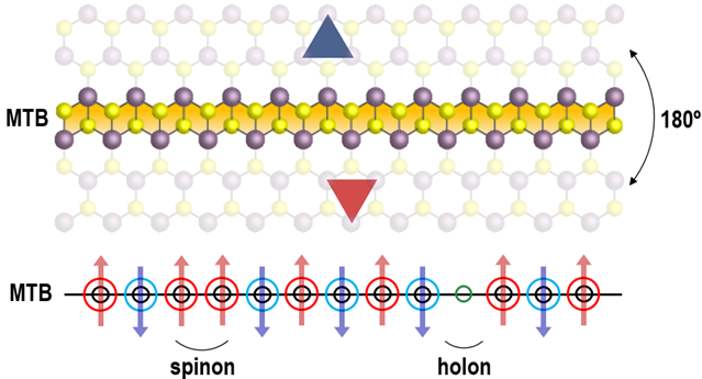 1차원 이황화몰리브덴 거울 쌍정 경계의 격자 구조를 묘사한 그림(상)과 거울 쌍정 경계 내에서 강한 상호작용을 갖는 전자의 거동을 나타내는 모식도(하). 기초과학연구원 제공
