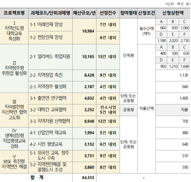 2025년도 대전시 지역혁신중심 대학지원체계(RISE) 사업 단위과제별 연간 예산규모 및 선정건수. 대전시 제공