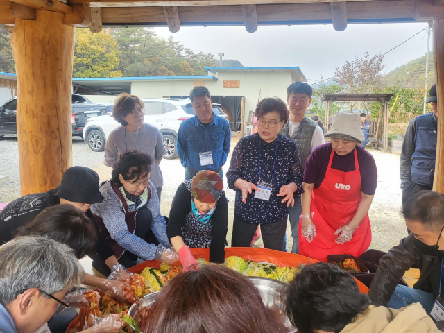 사진은 지난해 귀농·귀촌 김장김치 담그기에서 열심히 김치를 버무리고 있다. 단양군 제공