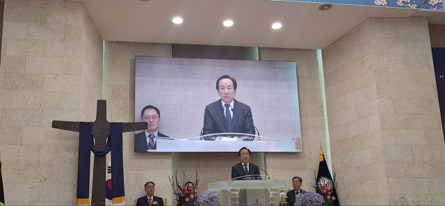최병만 취임 회장이 ‘믿는자에 구할 것은 충성이니라’ 등의 말씀으로 취임사를 하고 있다. 단양=이상복 기자 cho2225@cctoday.co.kr