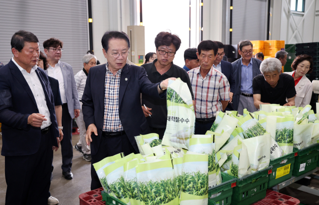 송인헌 괴산군수(왼쪽 두번째)가 괴산 스마트 옥수수 가공유통시설 개소식에서 시설을 점검하고 있다. 괴산군 제공