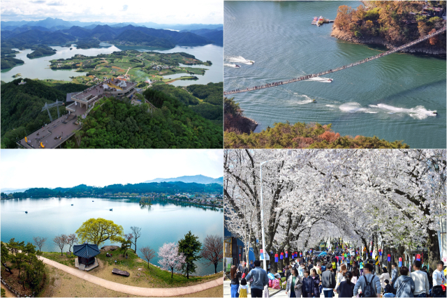 시계방향으로 청풍호반케이블카. 옥순봉 출렁다리, 의림지, 청풍호 벚꽃축제.